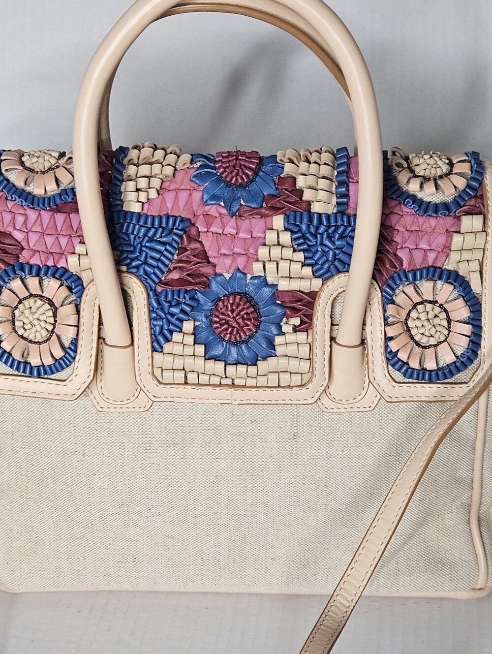 Sam Edelman Sylvia Floral Leather Jute Satchel Boho Woven Floral Accent NEW